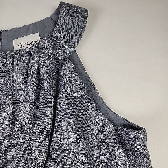 J. Taylor Silver Halter Party Dress Size 14 Floral Lace Shimmer Gathered Waist - Picture 5 of 11